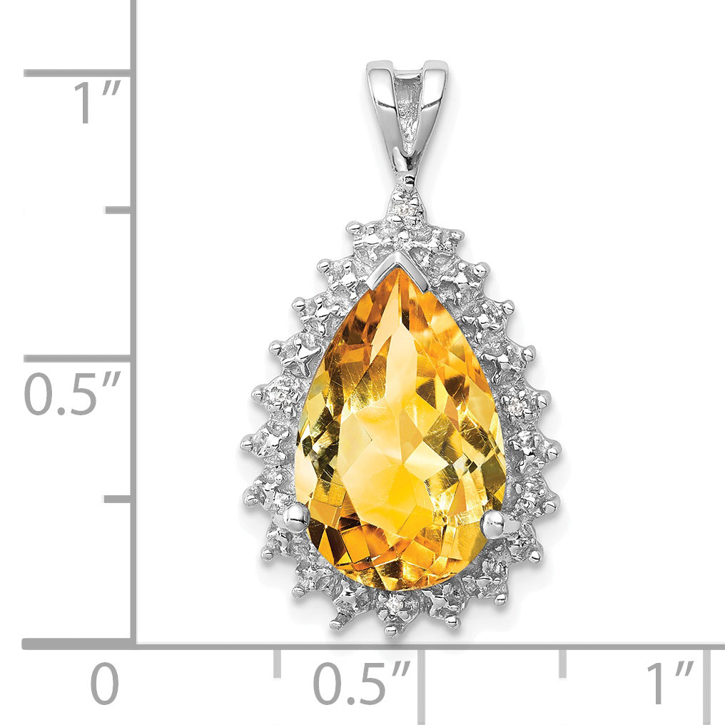 Sterling Silver Rhodium Citrine & Diamond Pear Pendant