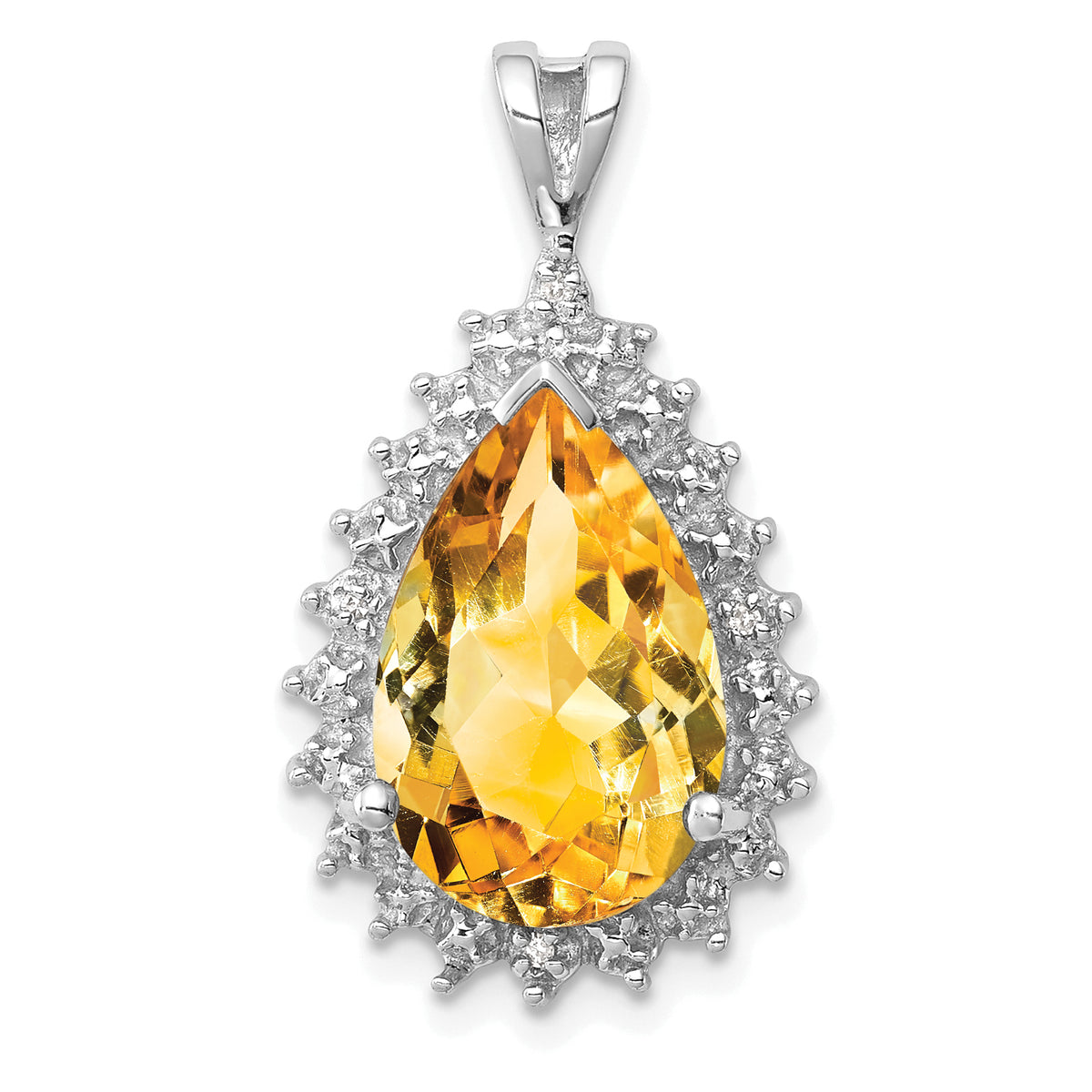 Sterling Silver Rhodium Citrine & Diamond Pear Pendant