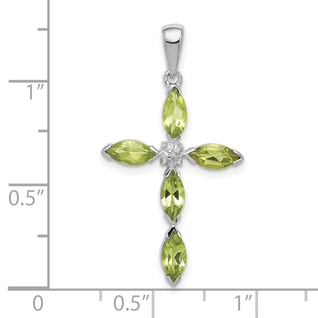 Sterling Silver Rhodium Plated Peridot and Diamond Cross Pendant