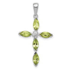 Sterling Silver Rhodium Plated Peridot and Diamond Cross Pendant