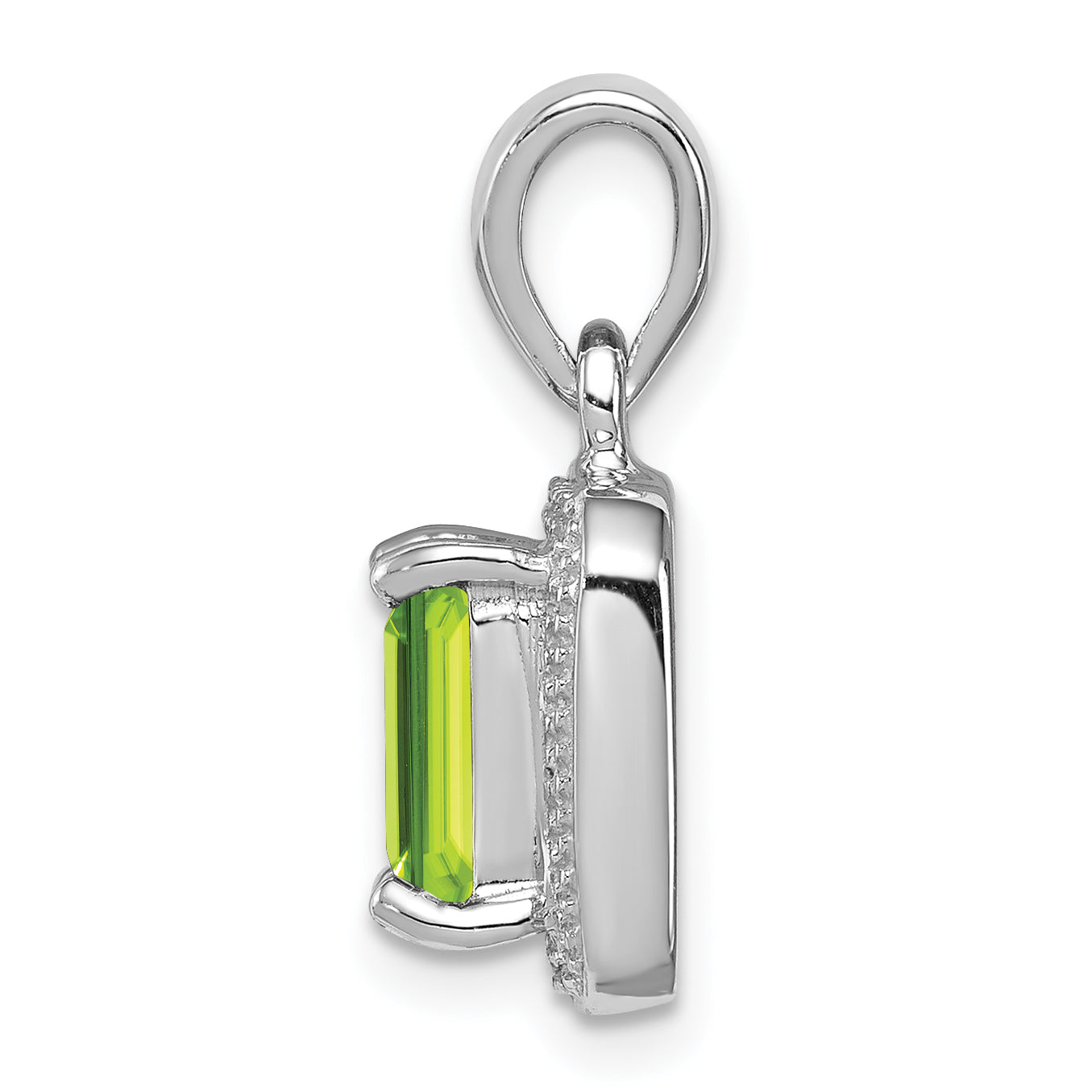 Sterling Silver Rhodium Plated Emerald-cut Peridot and Diamond Pendant