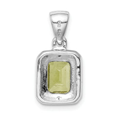 Sterling Silver Rhodium Plated Emerald-cut Peridot and Diamond Pendant