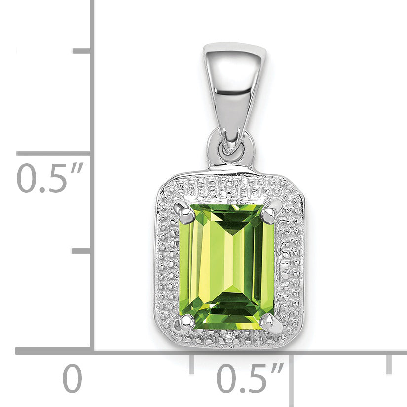 Sterling Silver Rhodium Plated Emerald-cut Peridot and Diamond Pendant