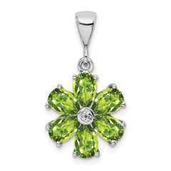 Sterling Silver Rhodium Plated Peridot and Diamond Flower Pendant