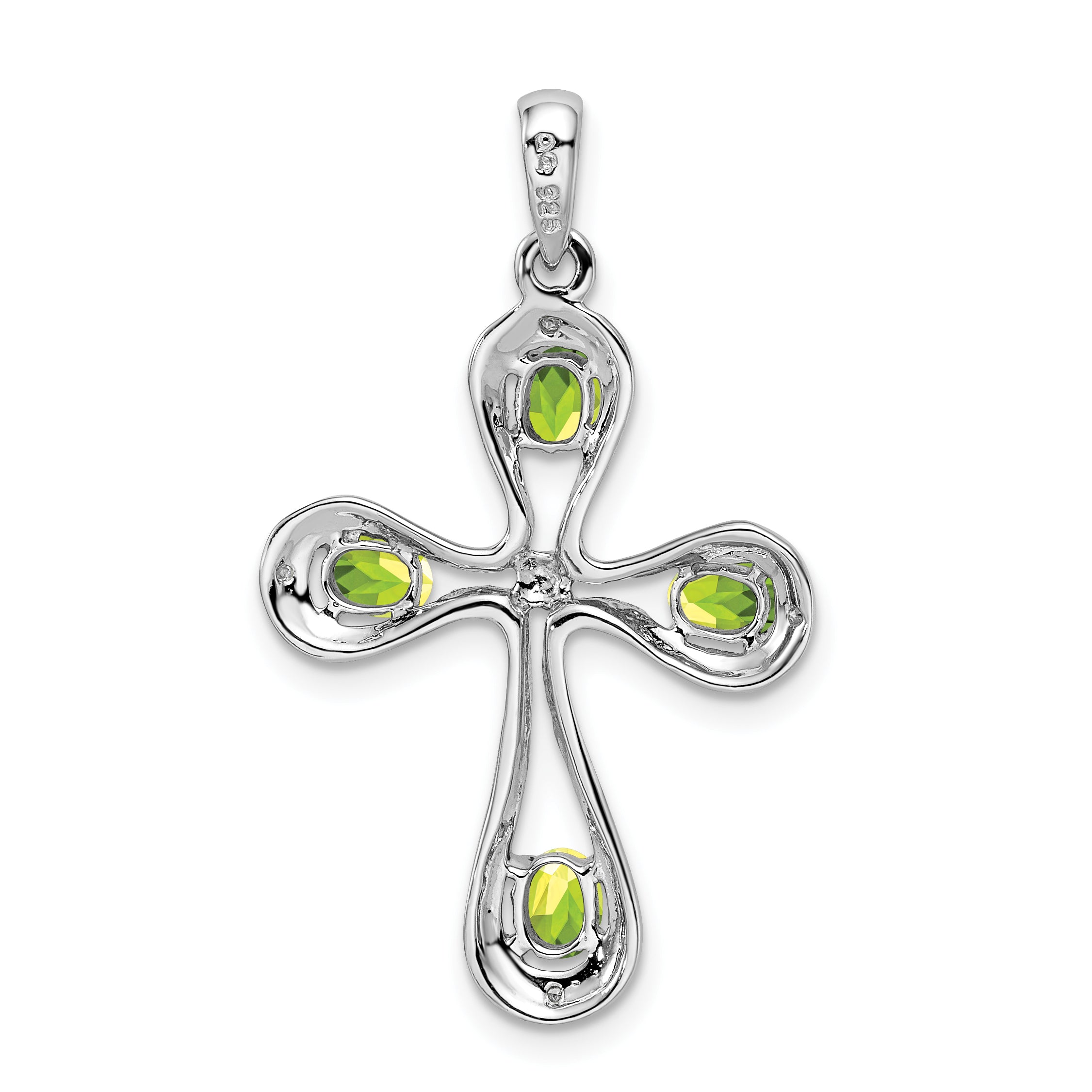 Sterling Silver Rhodium Plated Peridot and Diamond Cross Pendant