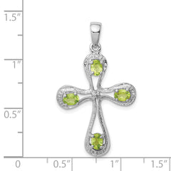 Sterling Silver Rhodium Plated Peridot and Diamond Cross Pendant