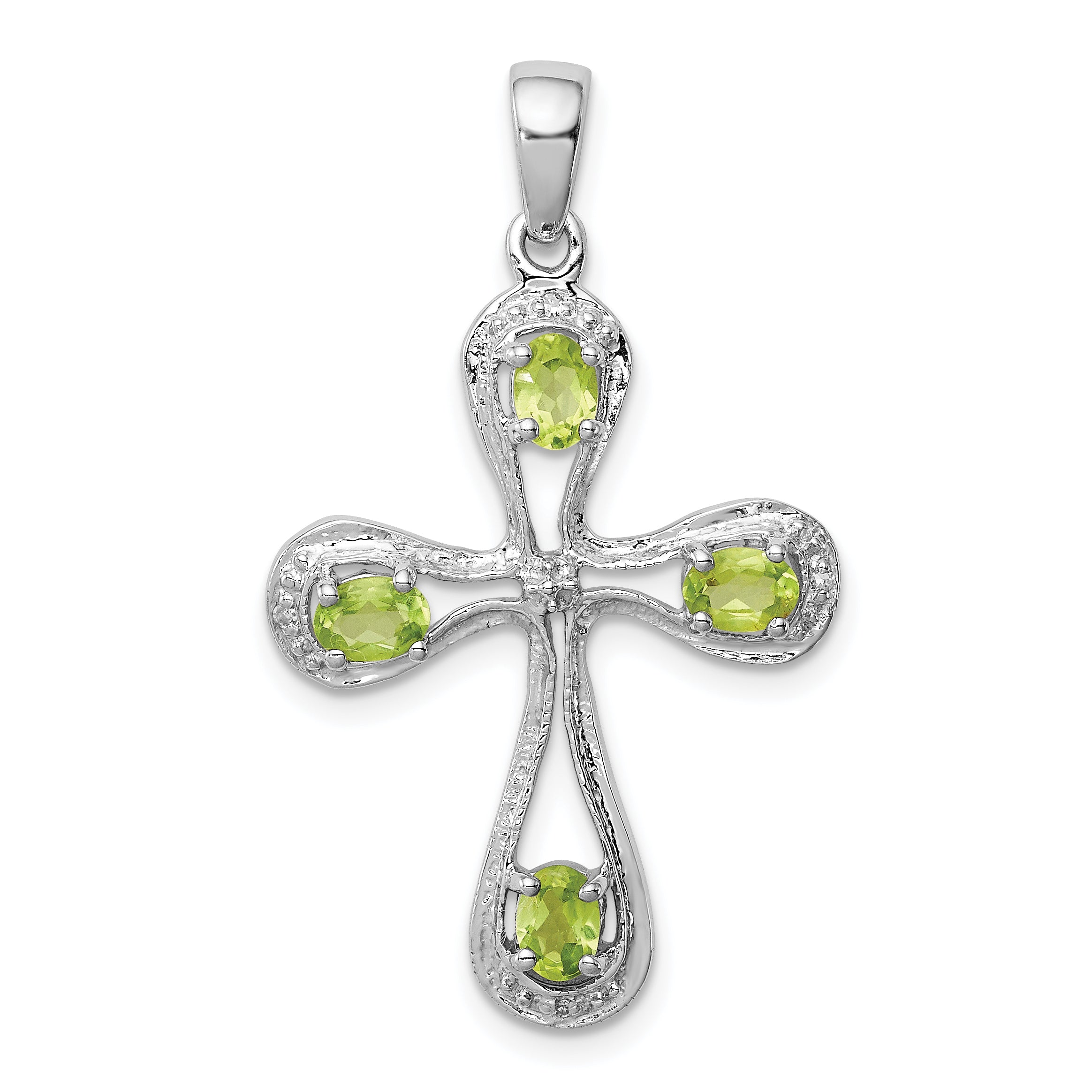 Sterling Silver Rhodium Plated Peridot and Diamond Cross Pendant