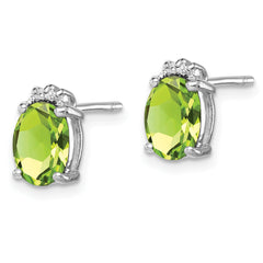 Sterling Silver Oval Peridot and Diamond Stud Earrings  Polished Rhodium Plated, August Birthstone