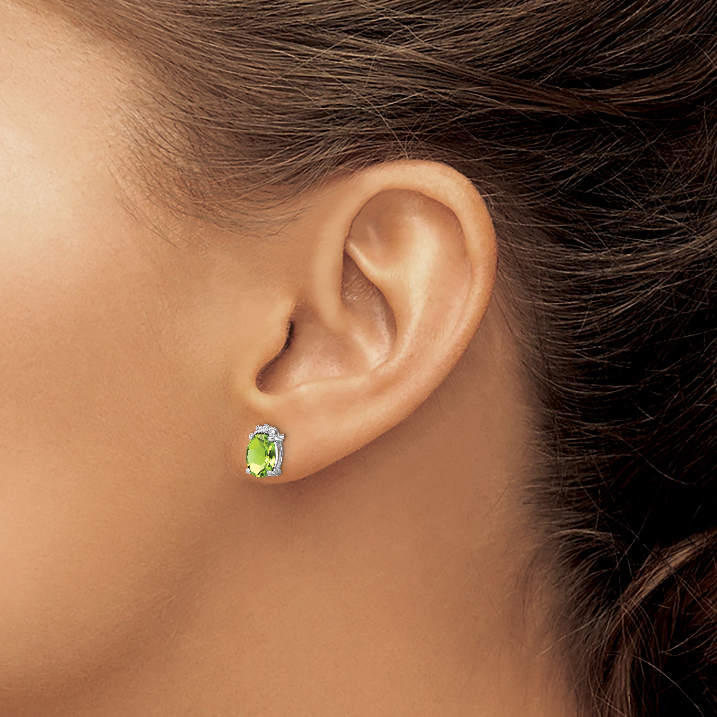 Sterling Silver Oval Peridot and Diamond Stud Earrings  Polished Rhodium Plated, August Birthstone