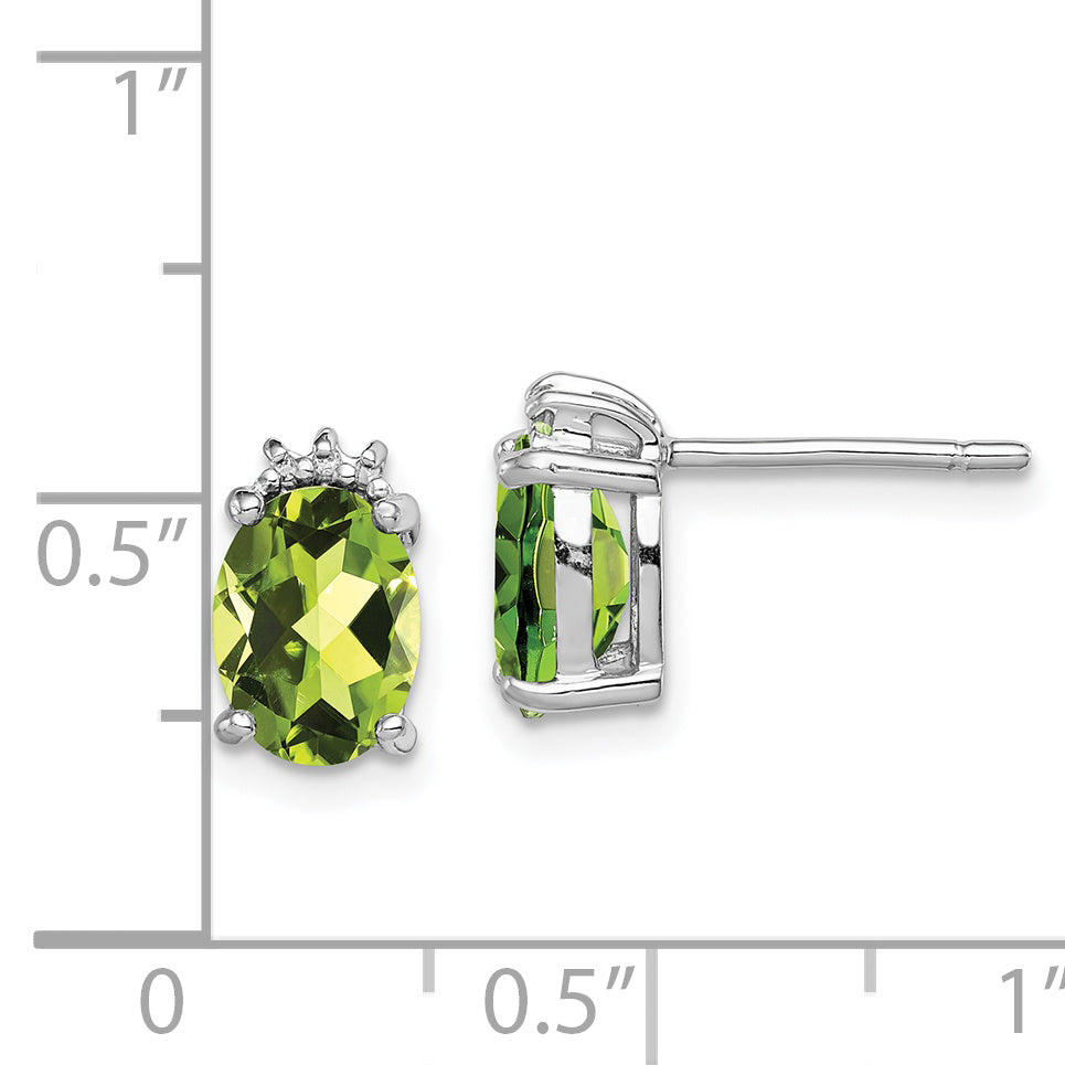 Sterling Silver Oval Peridot and Diamond Stud Earrings  Polished Rhodium Plated, August Birthstone