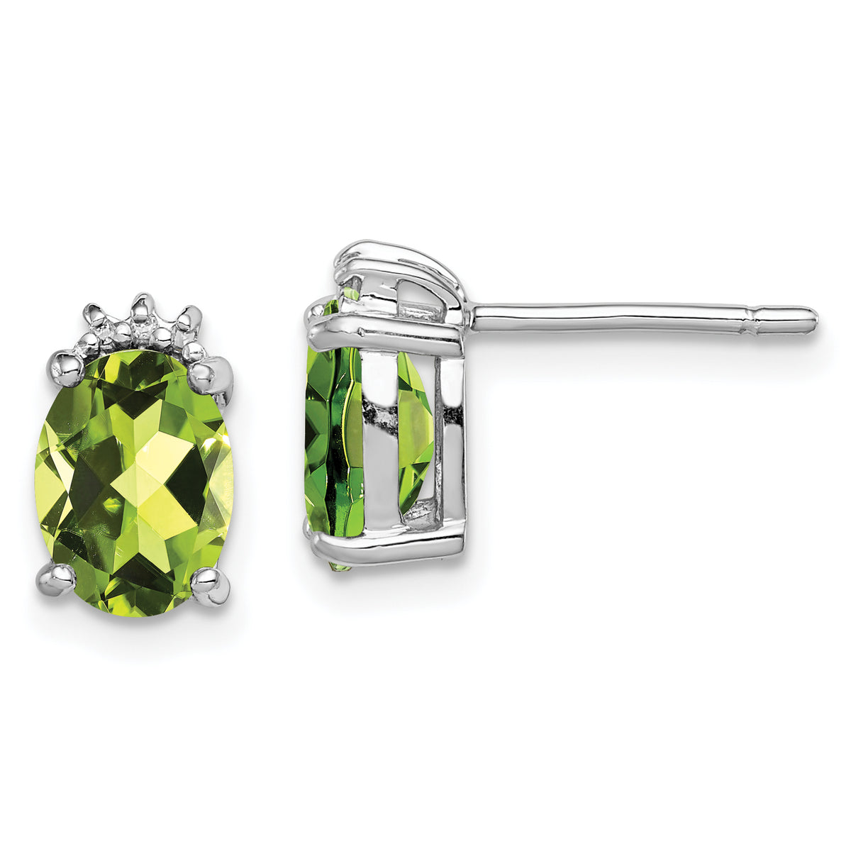 Sterling Silver Rhodium Plated Oval Peridot and Diamond Post Earrings