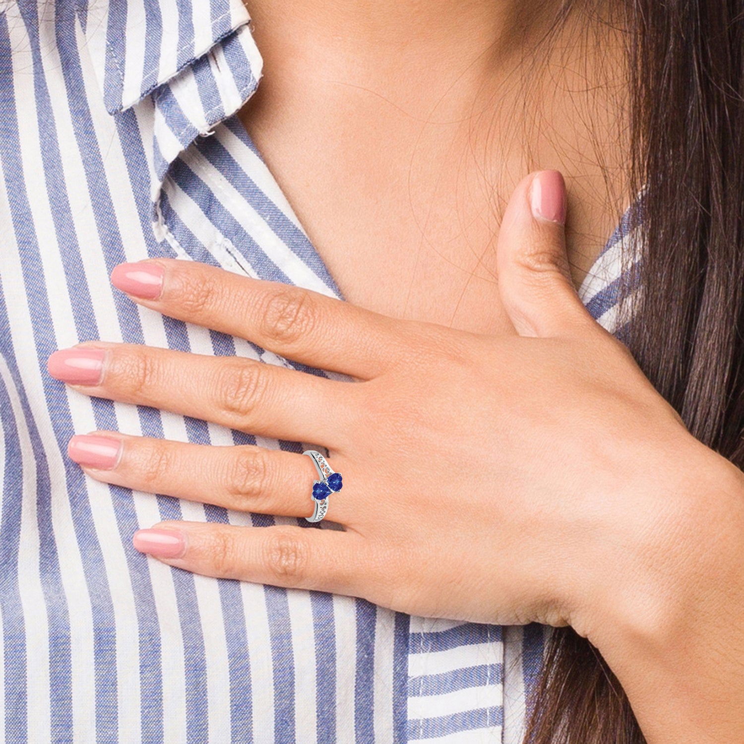 Sterling Silver Rhodium-plated Dark Sapphire Heart Ring