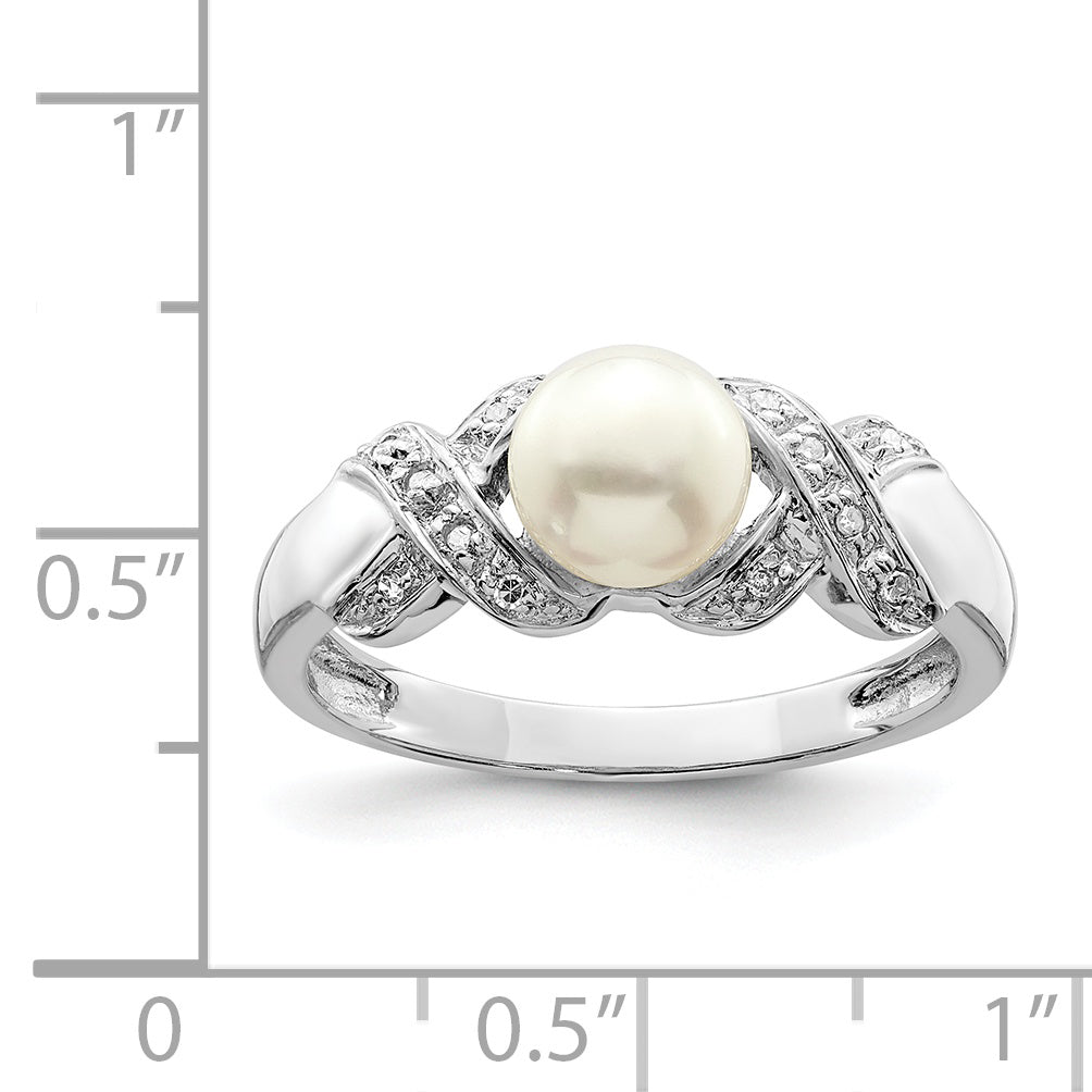 Sterling Silver Rhodium 6mm Fresh Water Cultured Button Pearl Ring