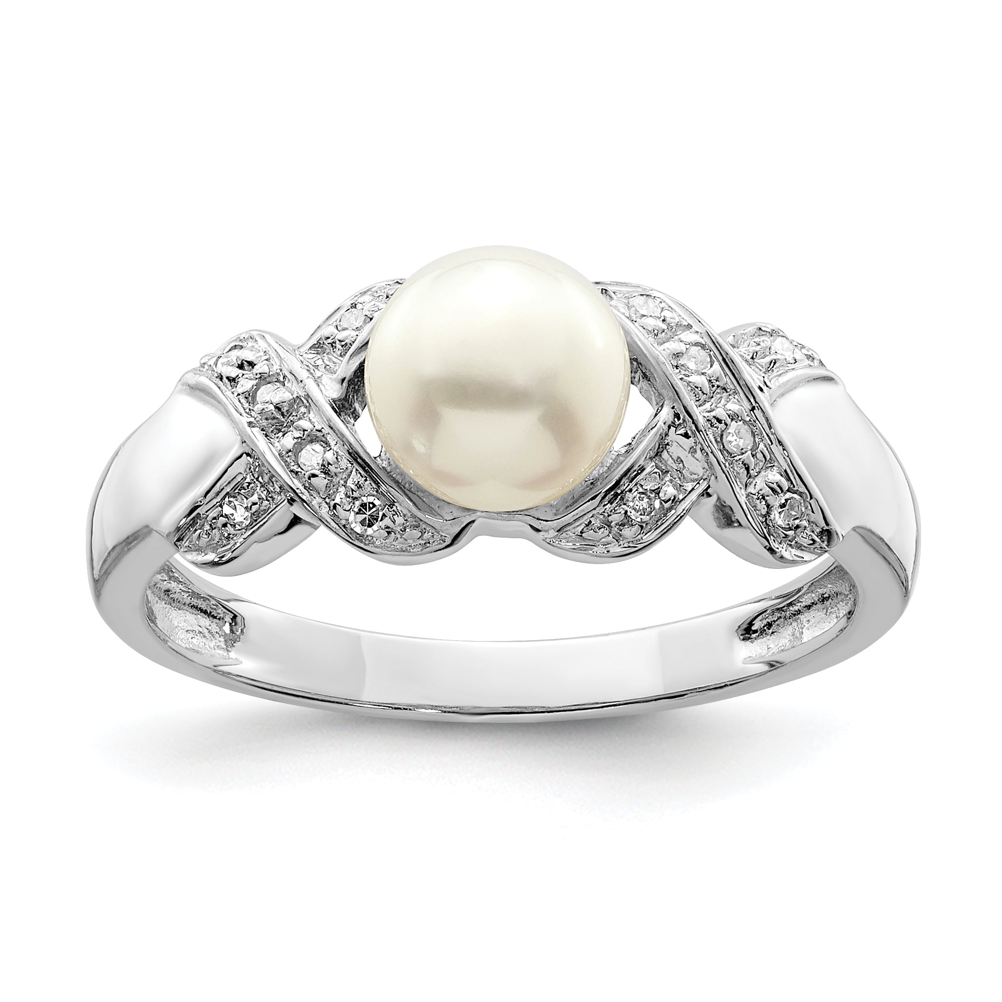 Sterling Silver Rhodium 6mm Fresh Water Cultured Button Pearl Ring