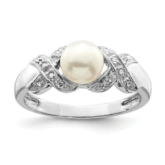 Sterling Silver Rhodium 6mm Fresh Water Cultured Button Pearl Ring