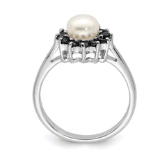 Sterling Silver Rhod 6mm Fresh Water Cultured Button Pearl & Sapphire Ring