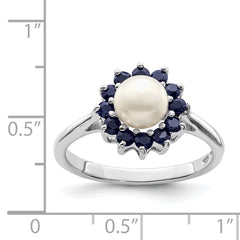 Sterling Silver Rhod 6mm Fresh Water Cultured Button Pearl & Sapphire Ring