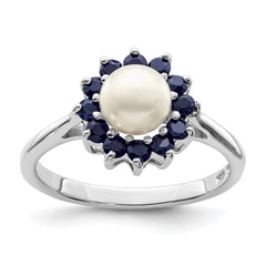 Sterling Silver Rhod 6mm Fresh Water Cultured Button Pearl & Sapphire Ring