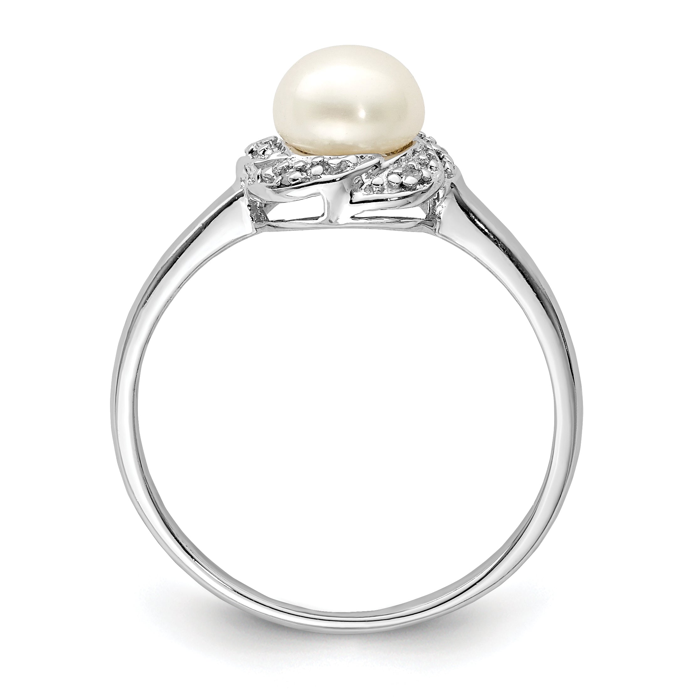 Sterling Silver Rhodium 6mm Fresh Water Cultured Button Pearl & Diamond Ring