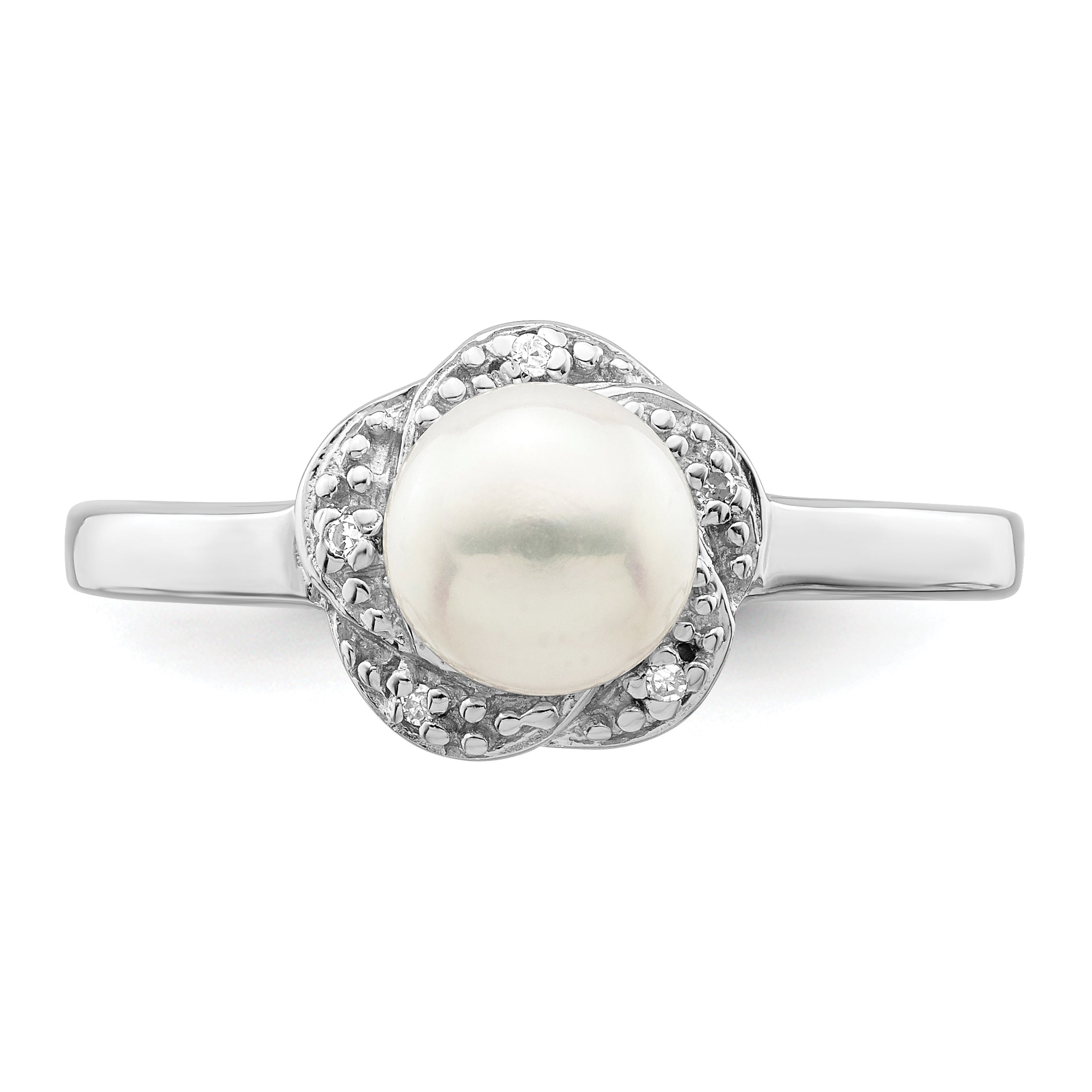 Sterling Silver Rhodium 6mm Fresh Water Cultured Button Pearl & Diamond Ring