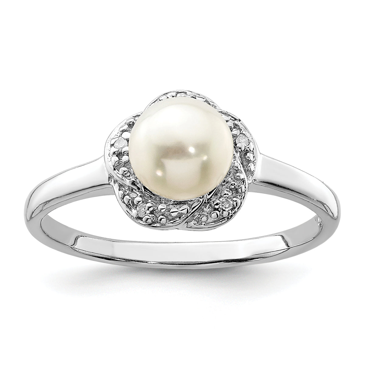 Sterling Silver Rhodium 6mm Fresh Water Cultured Button Pearl & Diamond Ring