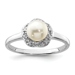 Sterling Silver Rhodium 6mm Fresh Water Cultured Button Pearl & Diamond Ring