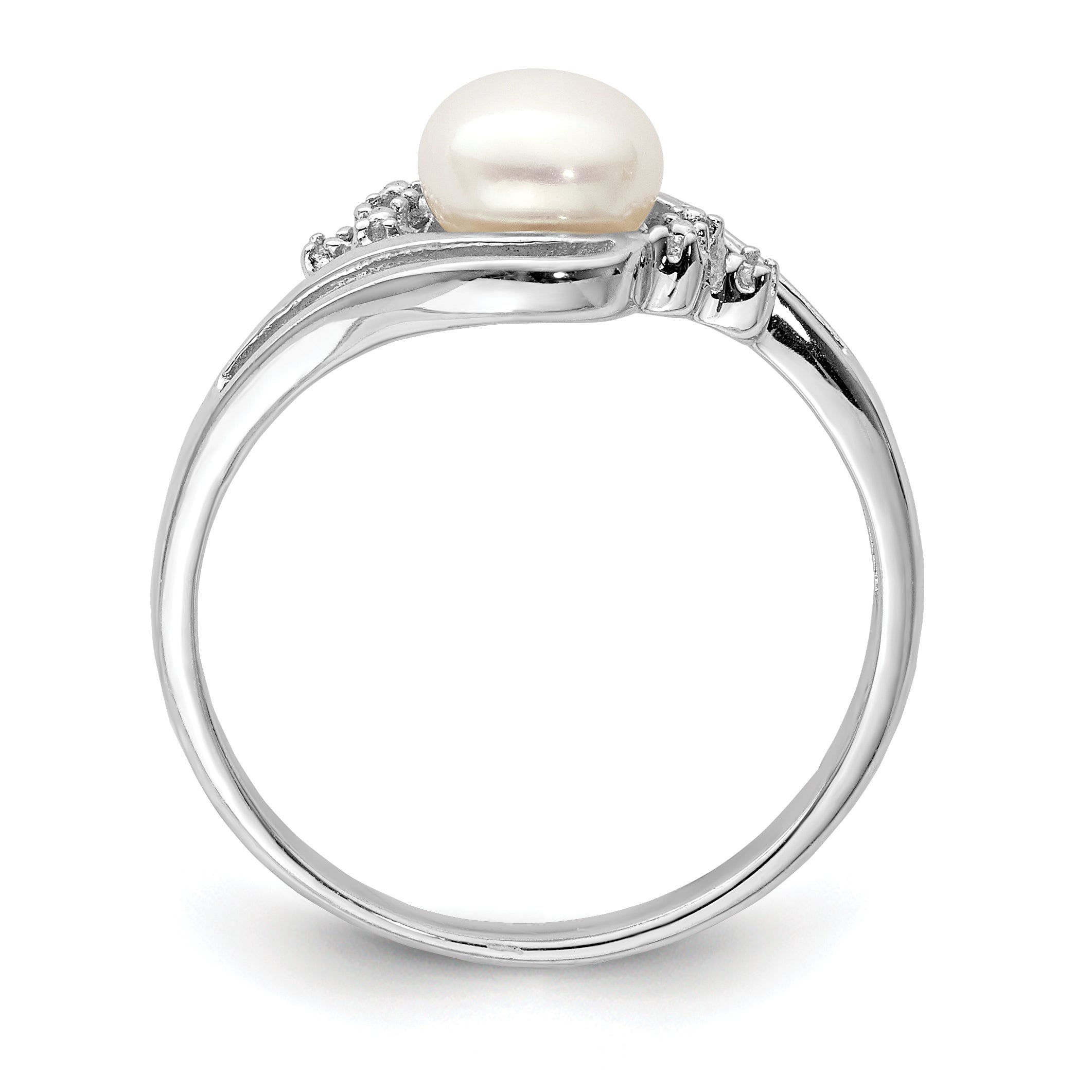 Sterling Silver Rhodium 6mm Fresh Water Cultured Button Pearl & Diamond Ring