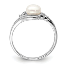 Sterling Silver Rhodium 6mm Fresh Water Cultured Button Pearl & Diamond Ring