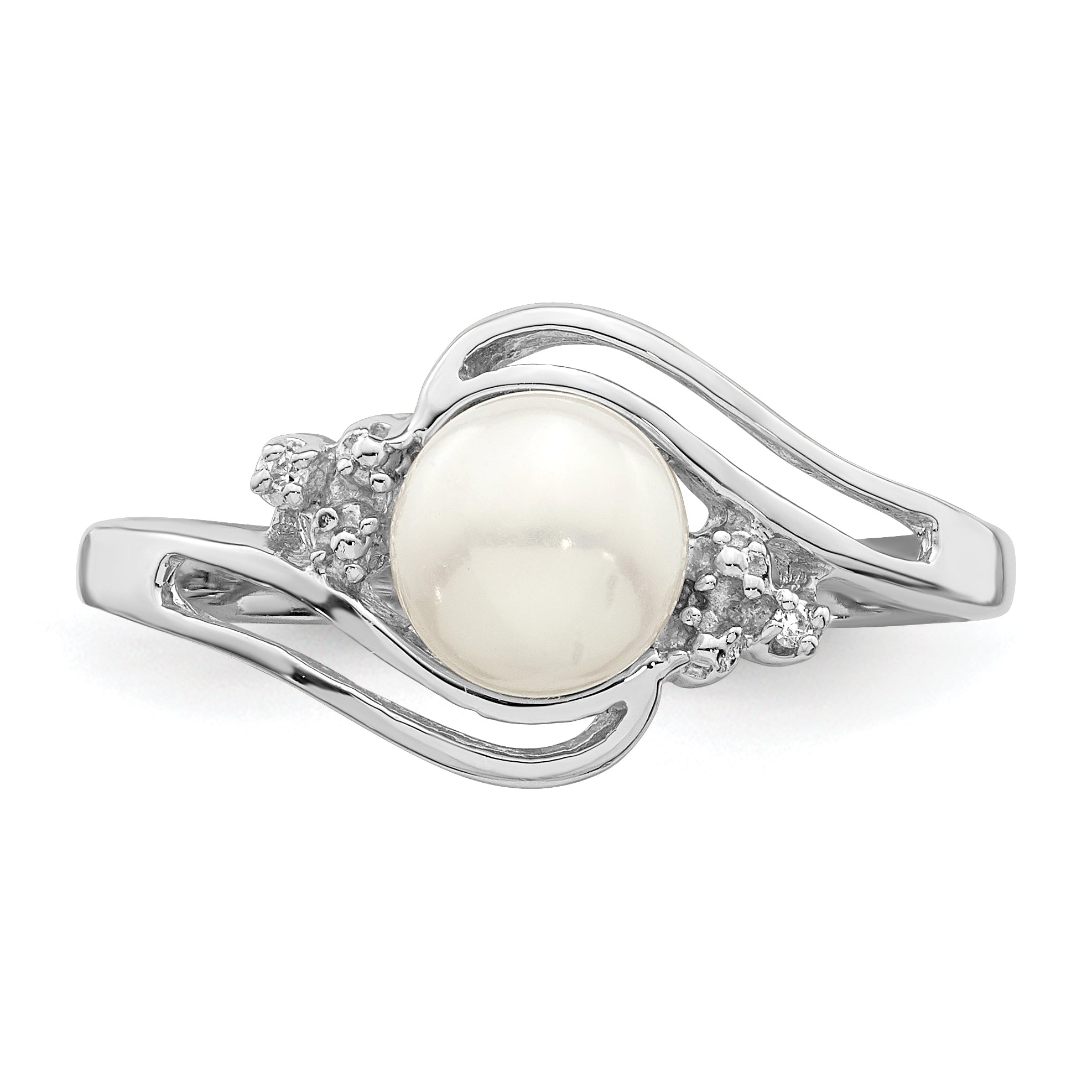 Sterling Silver Rhodium 6mm Fresh Water Cultured Button Pearl & Diamond Ring