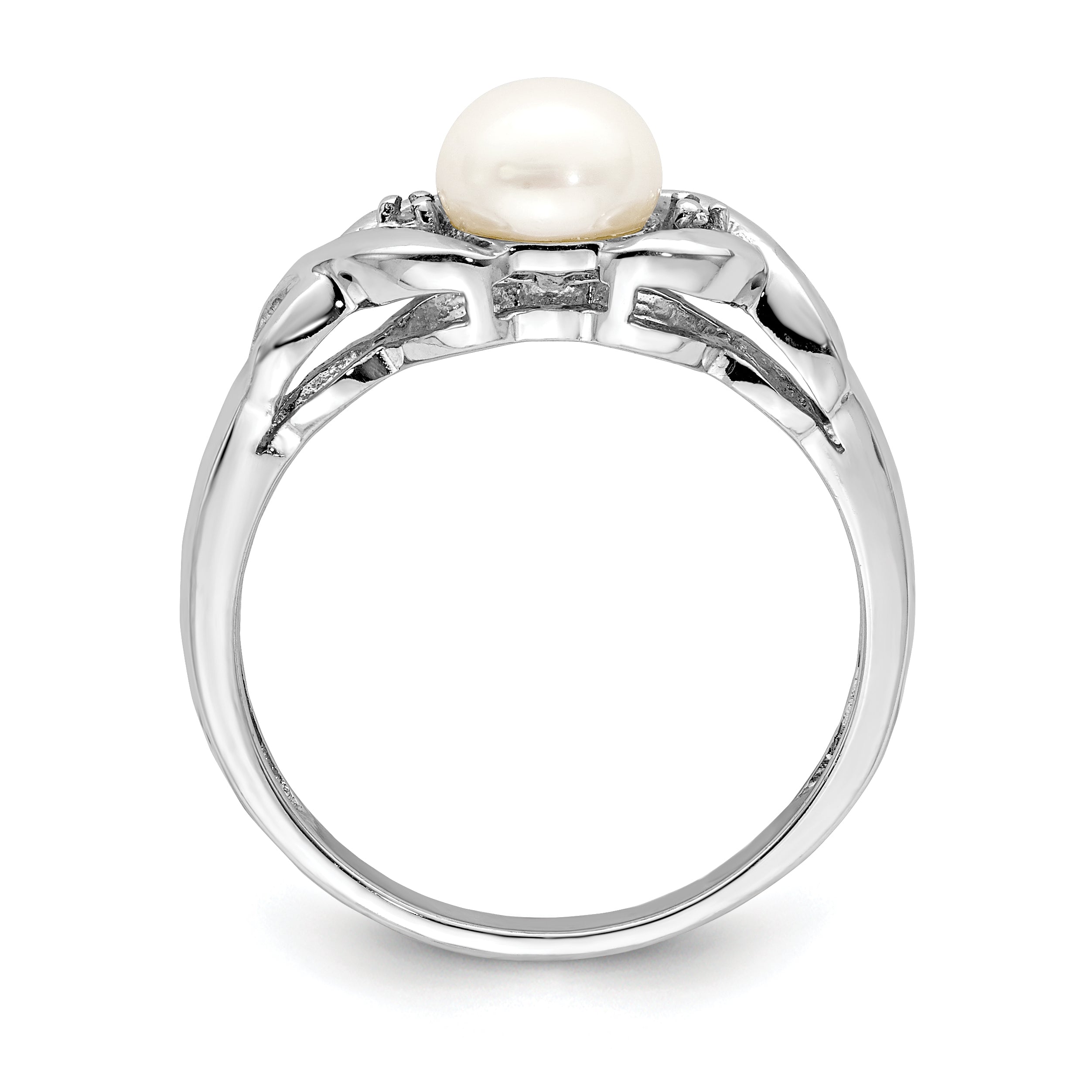 Sterling Silver Rhodium Fresh Water Cultured Button Pearl & Diamond Ring