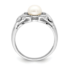 Sterling Silver Rhodium Fresh Water Cultured Button Pearl & Diamond Ring