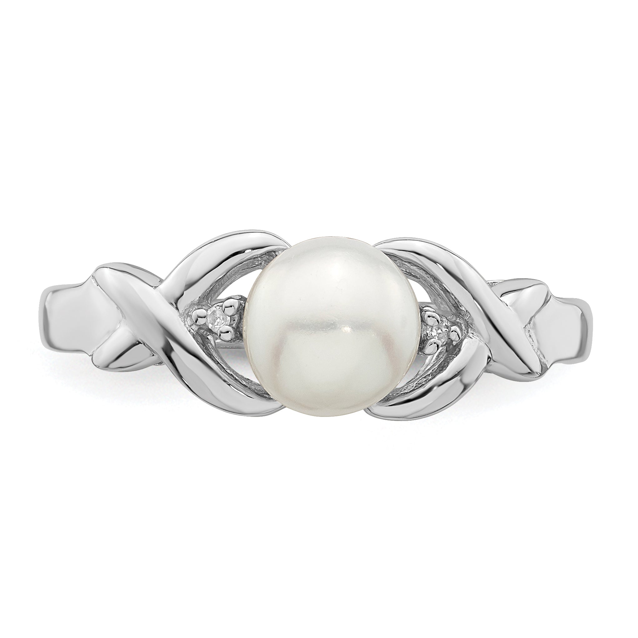 Sterling Silver Rhodium Fresh Water Cultured Button Pearl & Diamond Ring