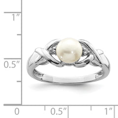 Sterling Silver Rhodium Fresh Water Cultured Button Pearl & Diamond Ring