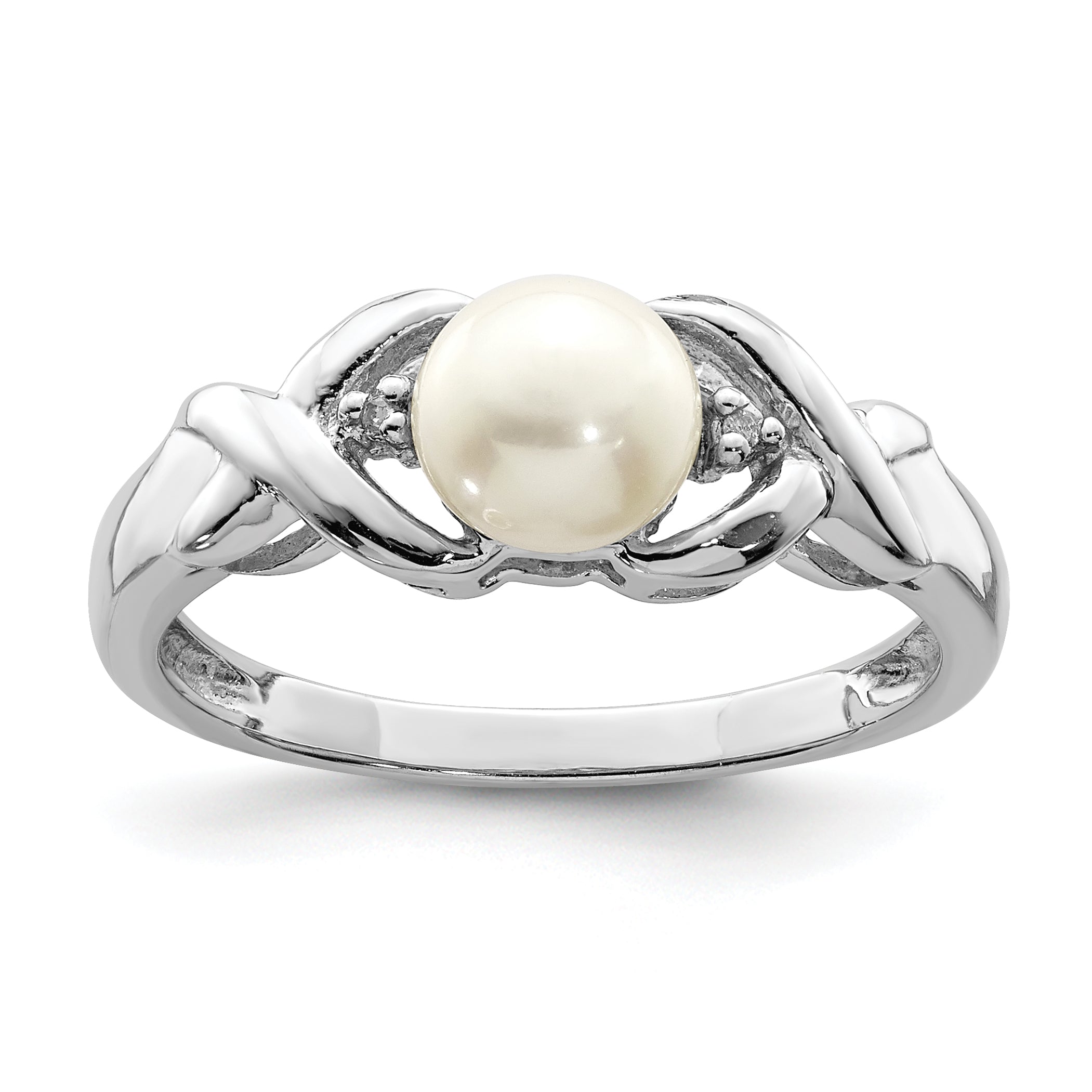 Sterling Silver Rhodium Fresh Water Cultured Button Pearl & Diamond Ring