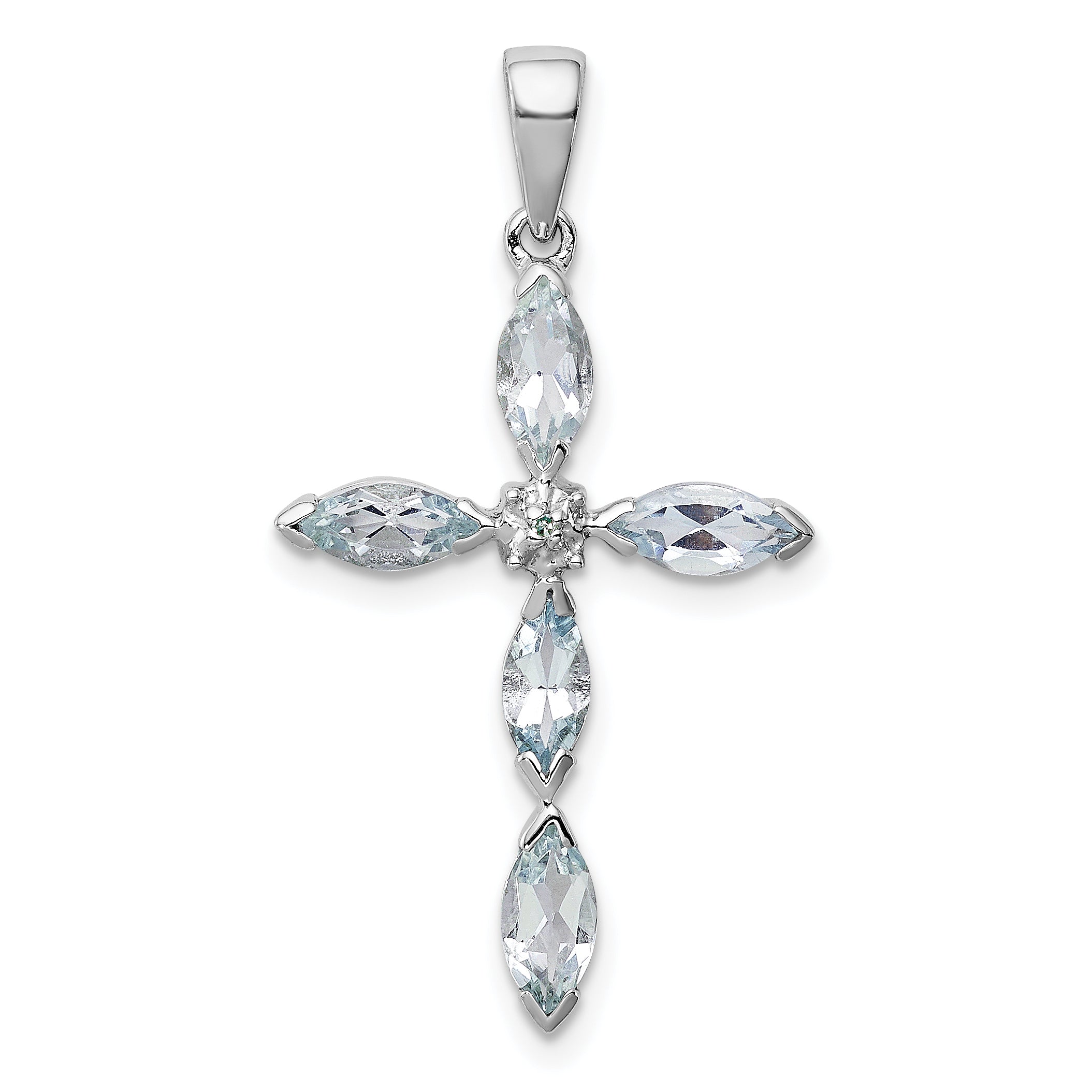 Sterling Silver Rhodium Aqua & Diamond Cross Pendant