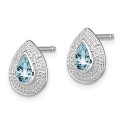 Sterling Silver 925 Aquamarine & Diamond Button Earrings Polished Bezel Set