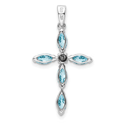 Sterling Silver Rhodium Lt Sw Blue Topaz Cross & Diamond Pendant