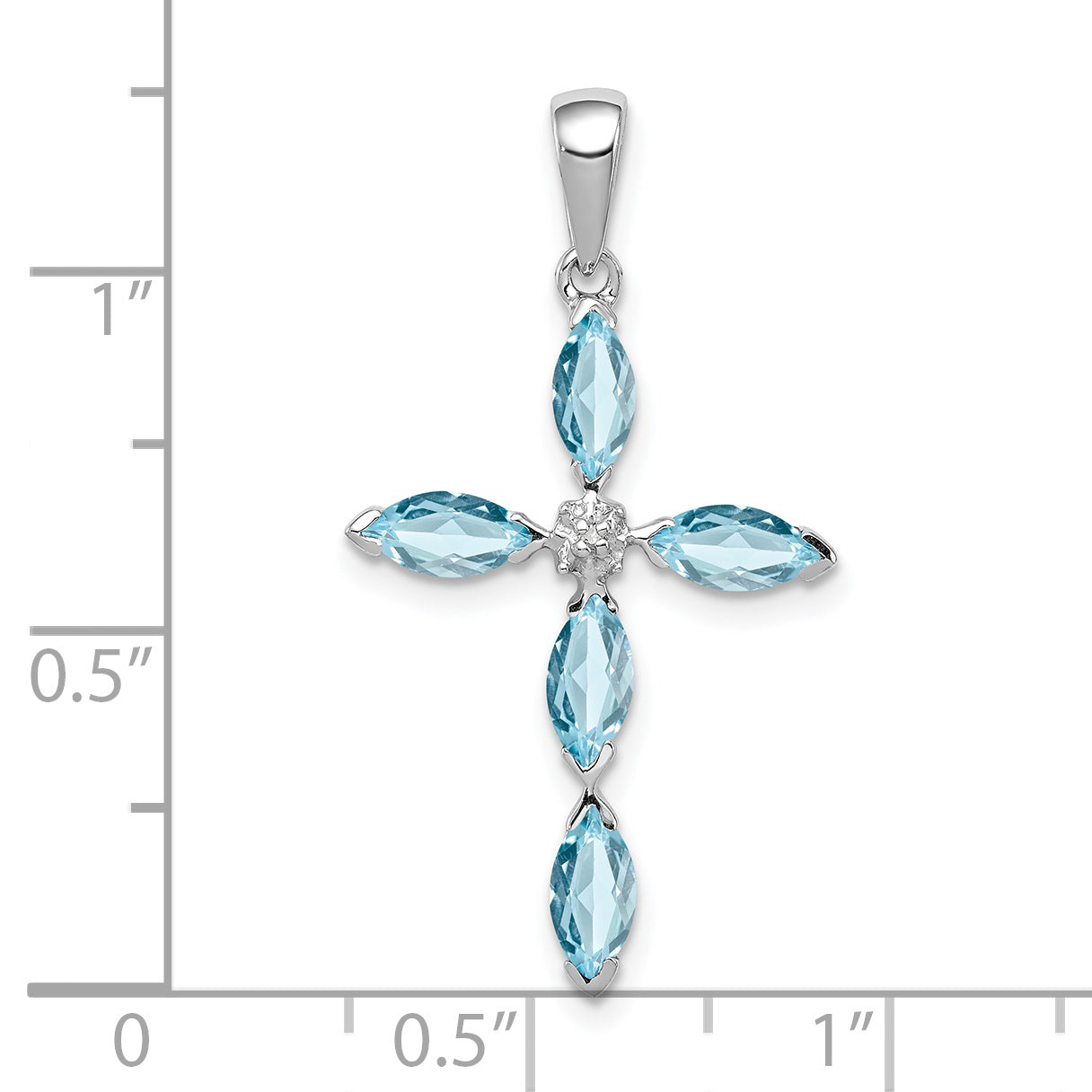 Sterling Silver Rhodium Lt Sw Blue Topaz Cross & Diamond Pendant