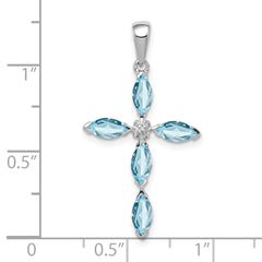 Sterling Silver Rhodium Lt Sw Blue Topaz Cross & Diamond Pendant