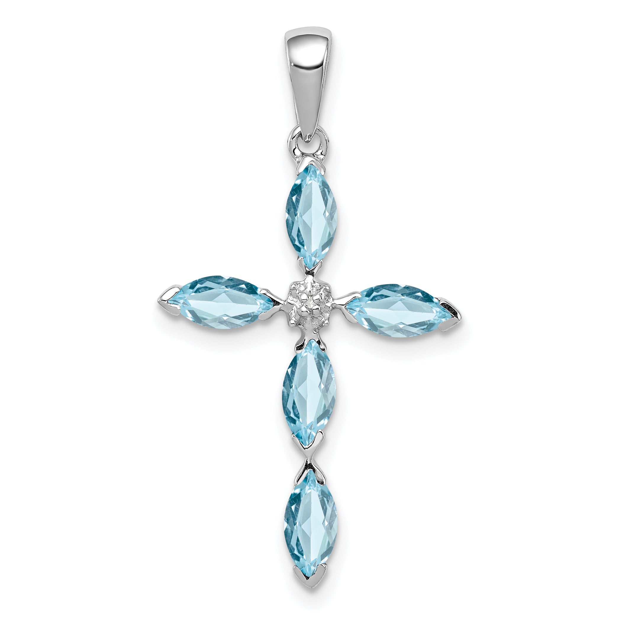 Sterling Silver Rhodium Lt Sw Blue Topaz Cross & Diamond Pendant