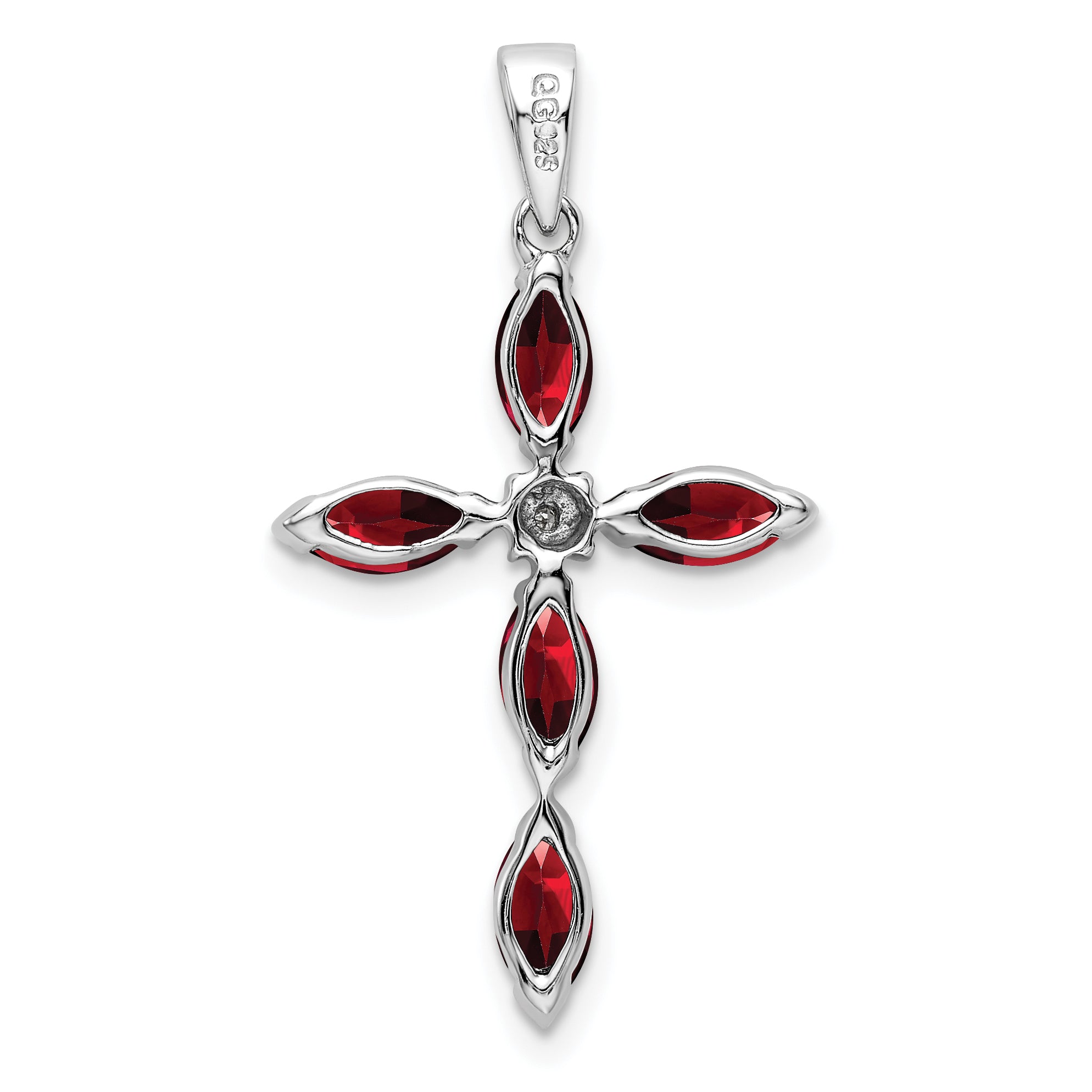 Sterling Silver Rhodium Garnet & Diamond Cross Pendant