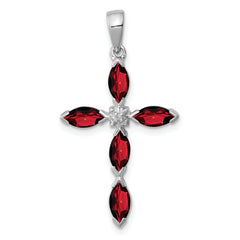 Sterling Silver Rhodium Garnet & Diamond Cross Pendant