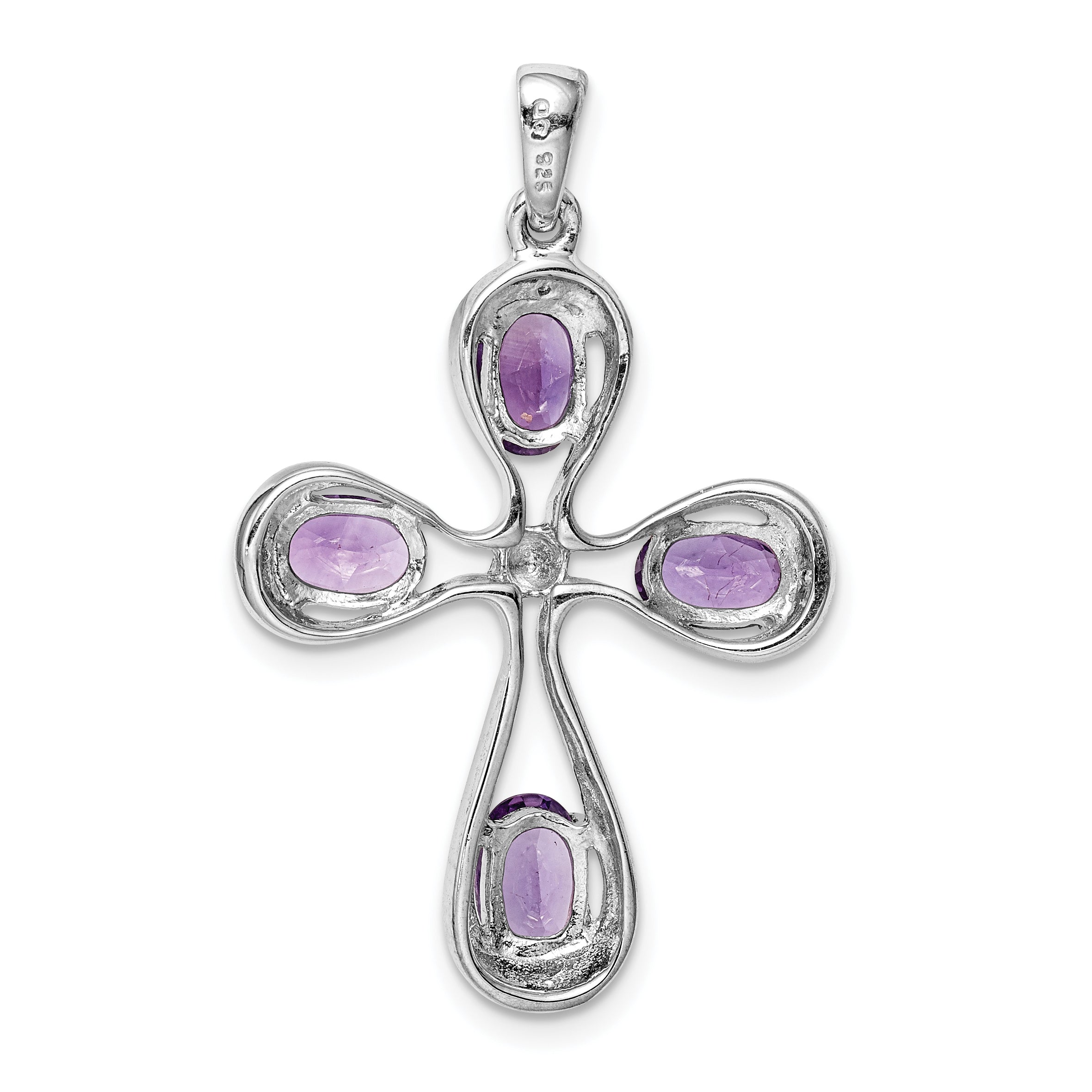 Sterling Silver Rhodium Plated Amethyst and Diamond Cross Pendant