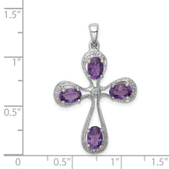 Sterling Silver Rhodium Plated Amethyst and Diamond Cross Pendant