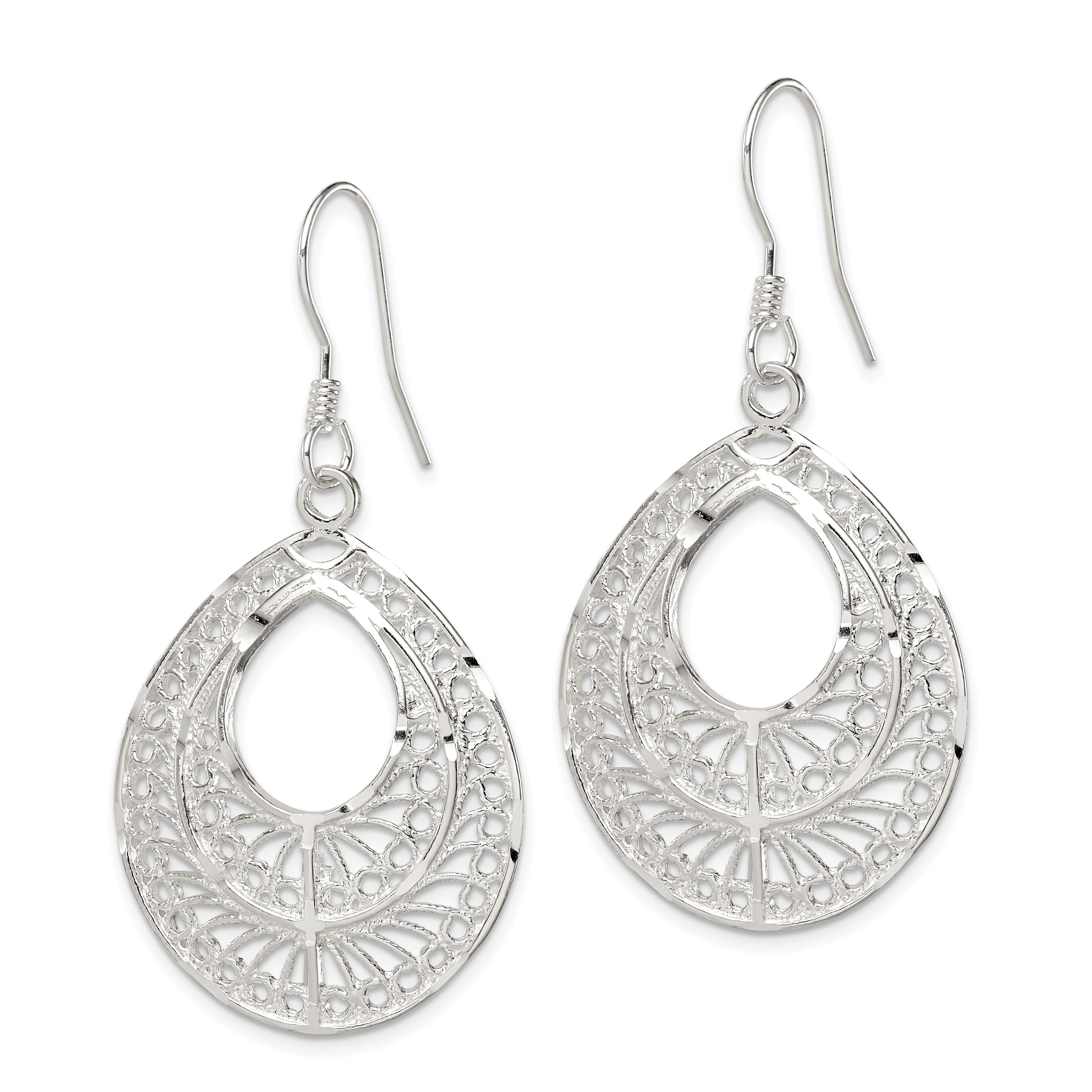 Sterling Silver Filigree Teardrop Dangle Earrings with Polished Diamond-Cut Finish