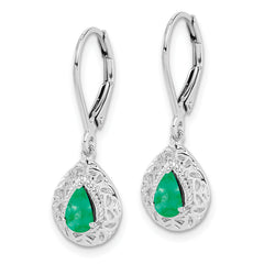 Sterling Silver Rhodium-Plated Emerald Teardrop Leverback Earrings – Elegant Birthstone Design