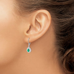 Sterling Silver Rhodium-Plated Emerald Teardrop Leverback Earrings – Elegant Birthstone Design