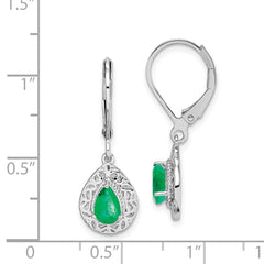 Sterling Silver Rhodium-Plated Emerald Teardrop Leverback Earrings – Elegant Birthstone Design