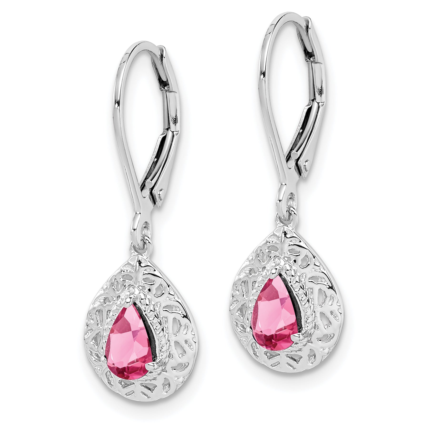 Sterling Silver Rhodium-plated Pink Tourmaline Lever Back Earrings