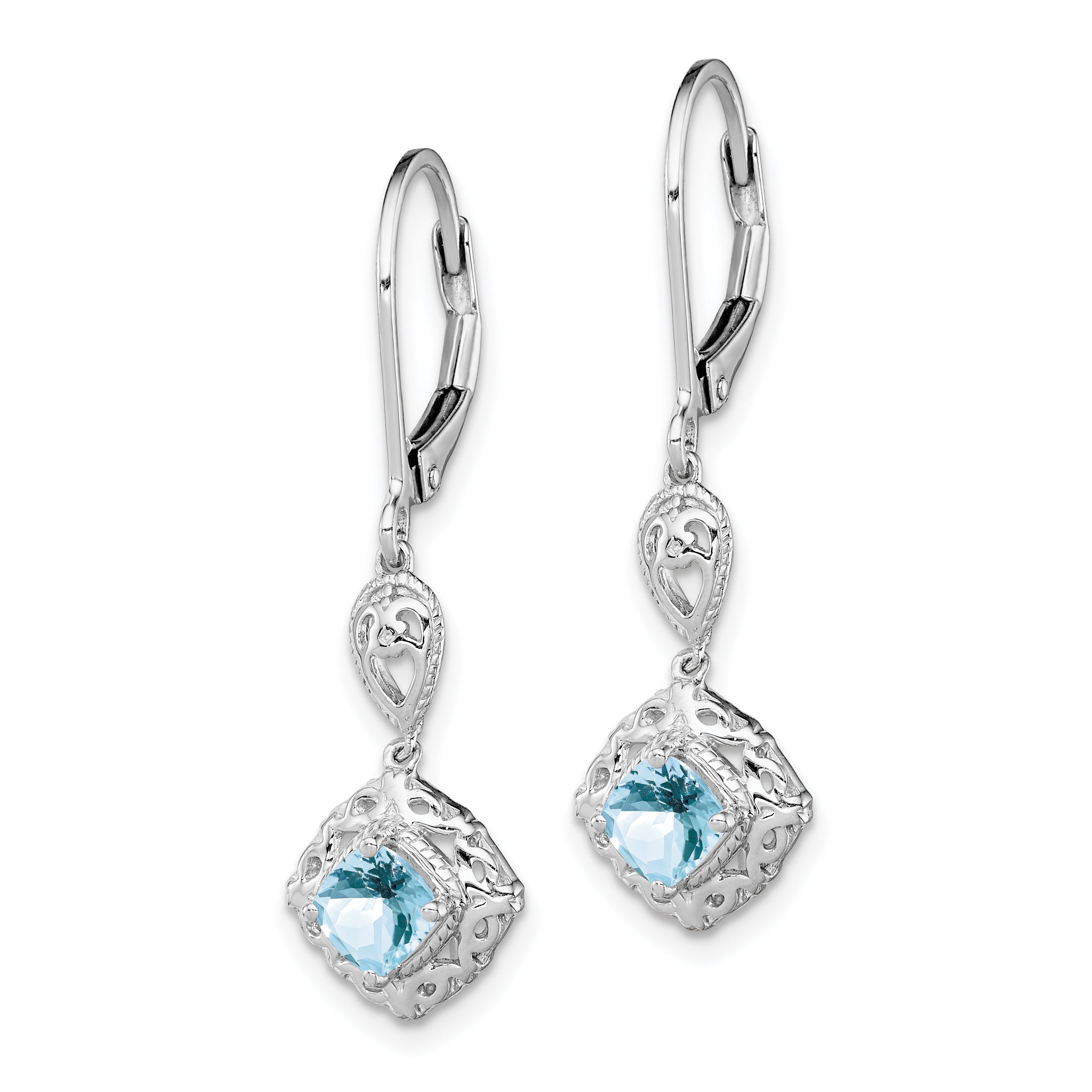 Sterling Silver Aquamarine & Diamond Leverback Earrings Rhodium-Plated, Polished Finish